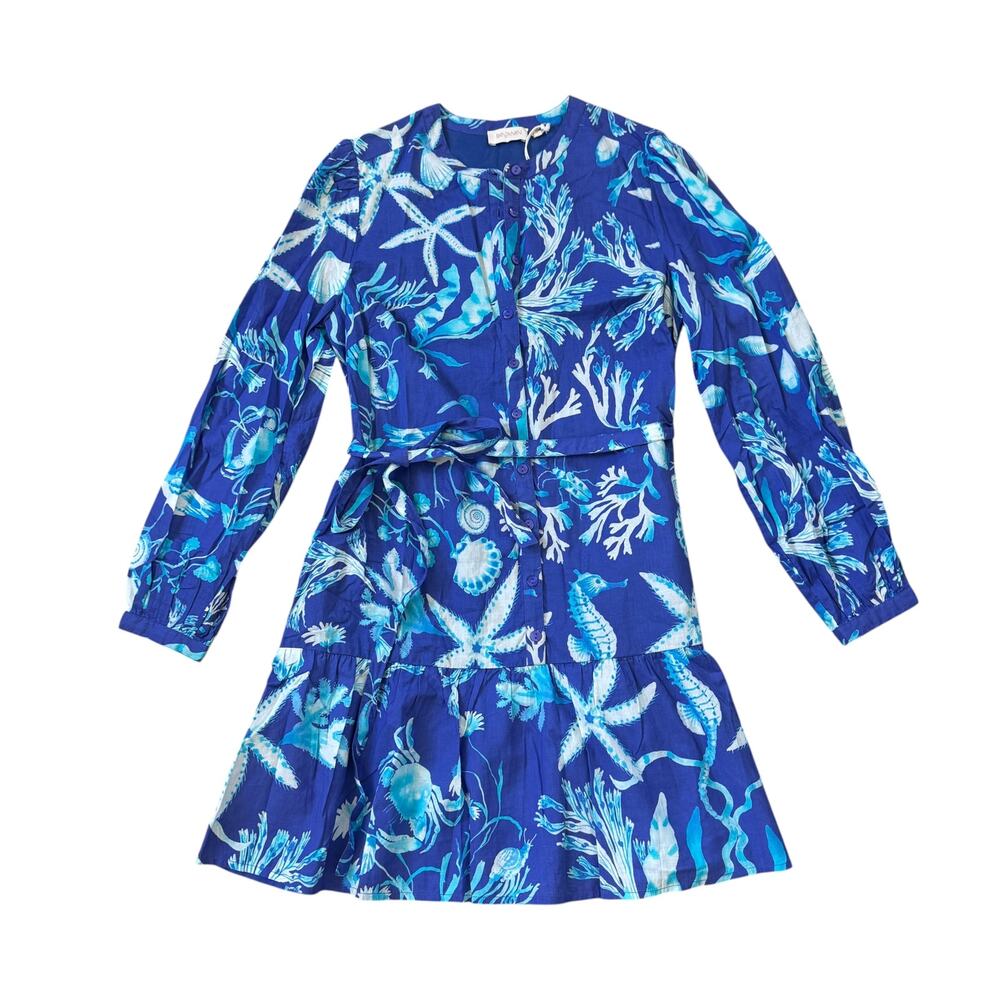 NEW Banjanan Roma Long-Sleeve Dress Tidepool Cyan Cotton Voile